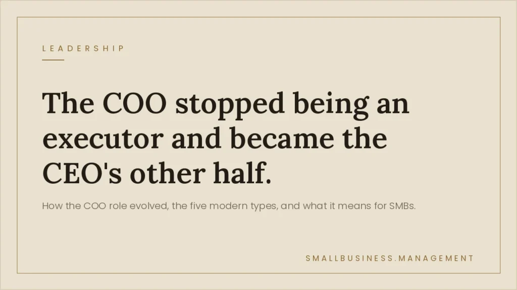 Hero banner with the headline: 'The COO stopped being an executor and became the CEO's other half.' on a beige backdrop under 'Leadership' and a subheading about the COO role evolution in SMBs