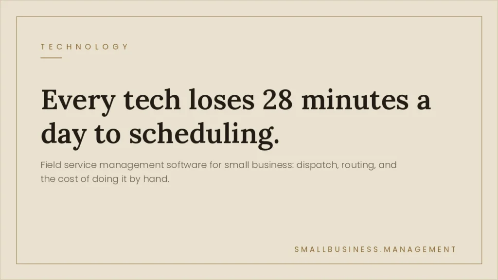 Field Service Management Software for Small Business: The Real Cost of Manual Dispatch - Small Business Management Hero banner announcing tech time loss: "Every tech loses 28 minutes a day to scheduling" with subtitle about field service management software for small business.