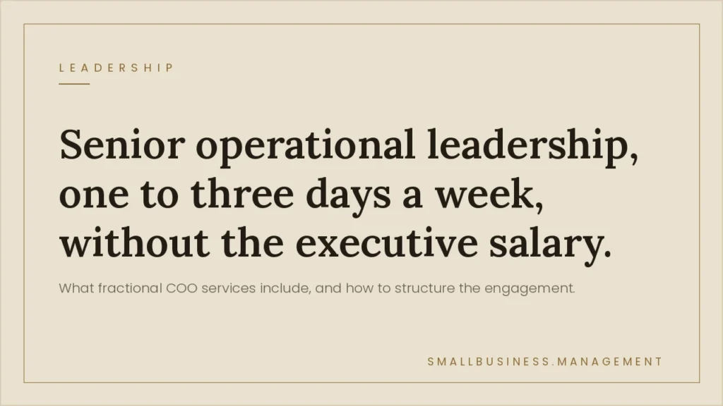 Beige hero banner with a large bold headline about senior operational leadership and a subheading on fractional COO services.