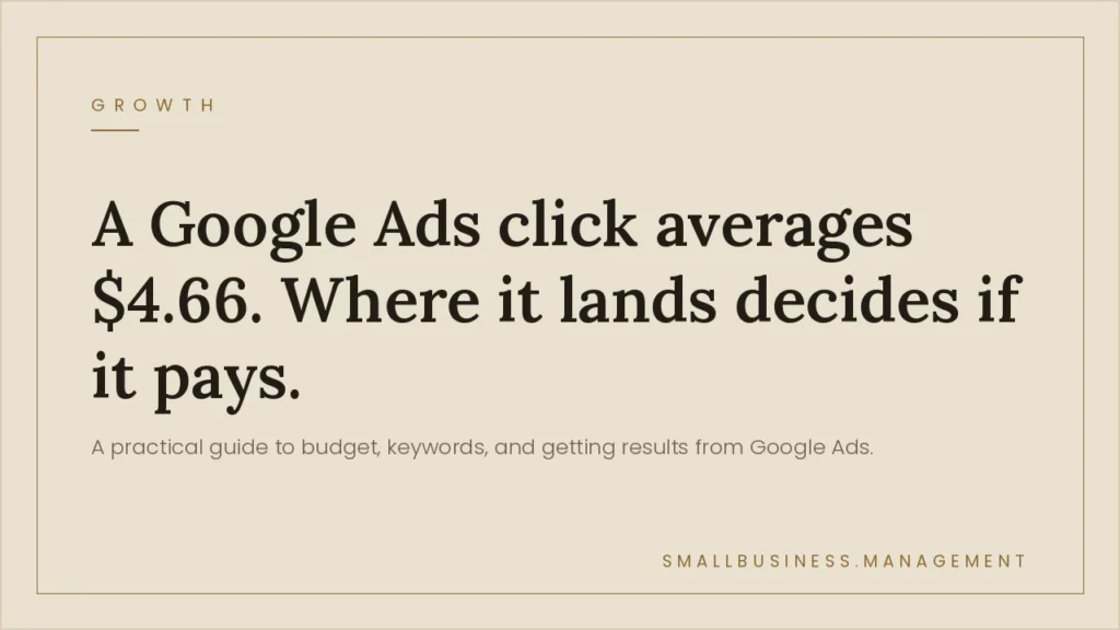 Google Ads for Small Business: A Practical Guide to Getting Results - Small Business Management Hero headline: article about Google Ads cost per click and budgeting tips for small business management.