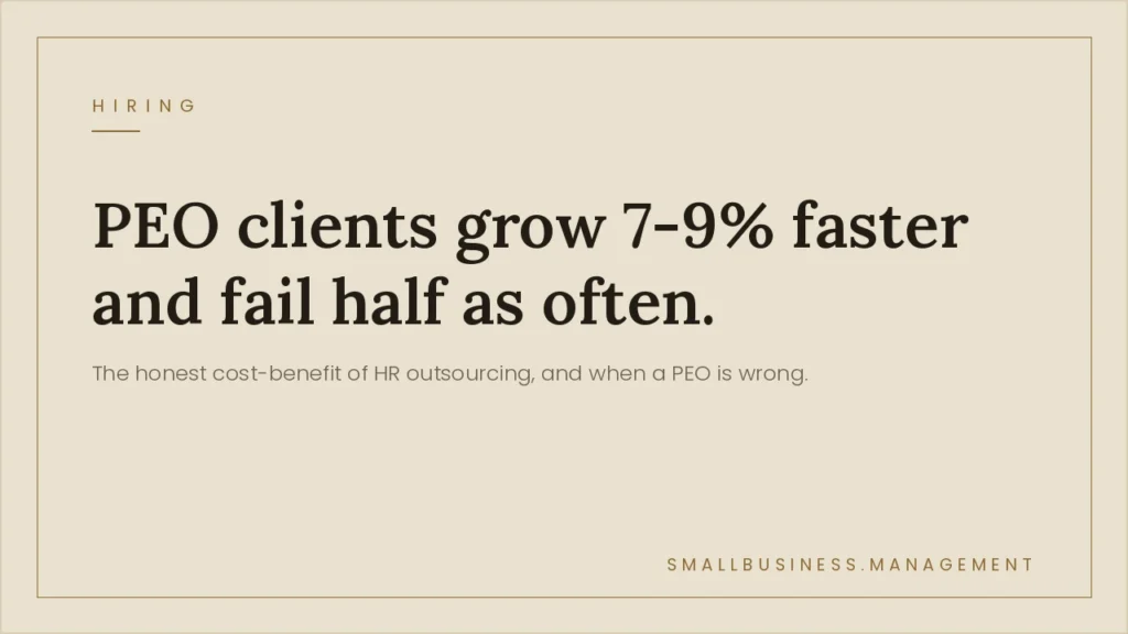 Hero banner with beige background, showing a small 'HIRING' label and the headline: 'PEO clients grow 7-9% faster and fail half as often' with a subheading about HR outsourcing.