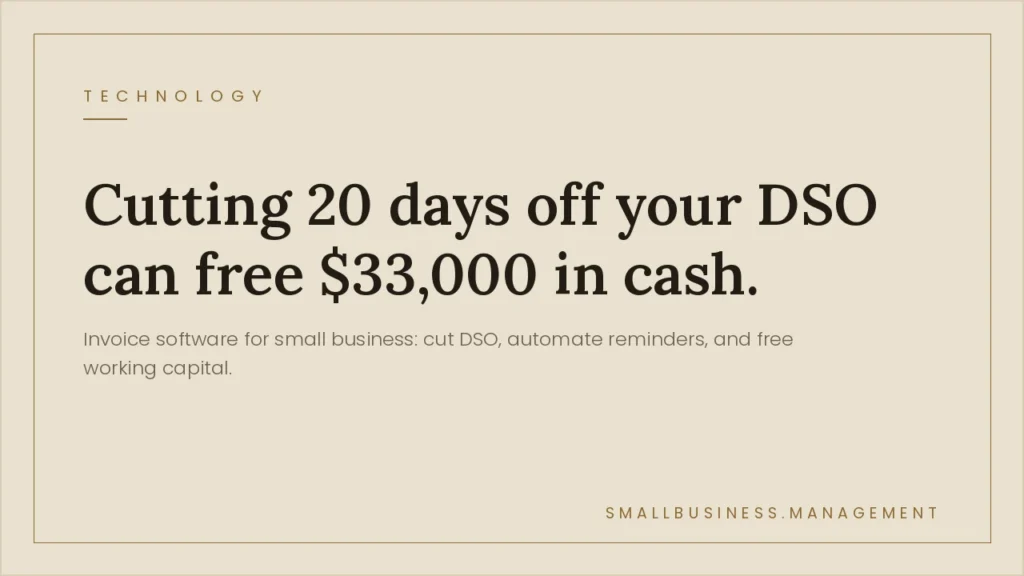 Invoice Software for Small Business: Cut Your DSO by 20 Days - Small Business Management Beige hero banner with bold headline: Cutting 20 days off your DSO can free $33,000 in cash; subheading mentions invoice software for small business.
