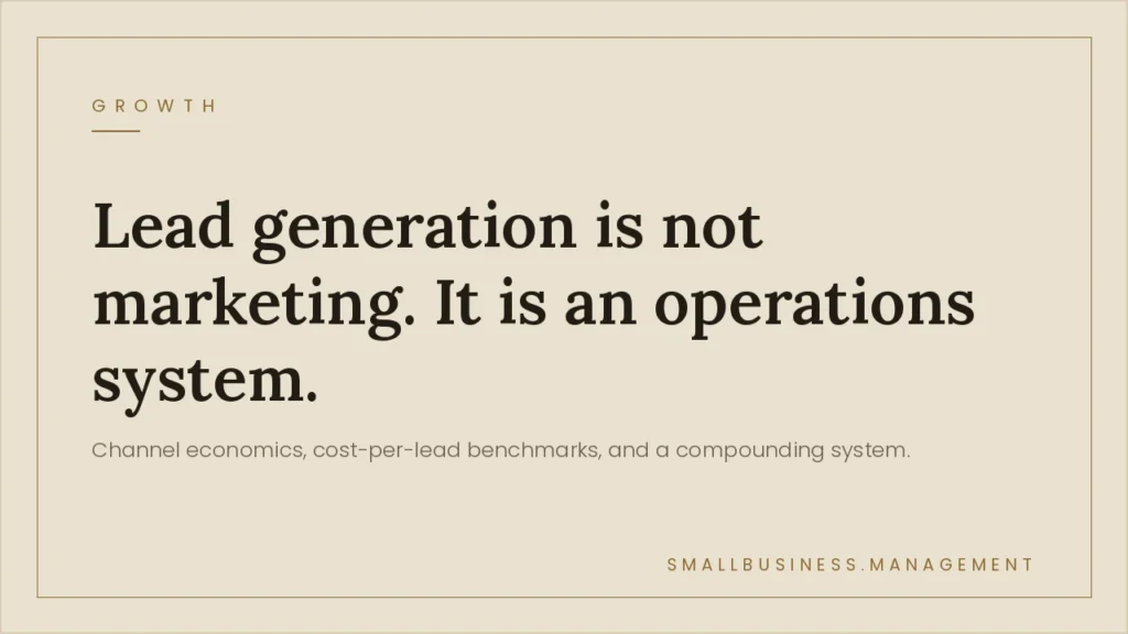 Lead Generation for Small Business: The Economics Behind the Channel Decision - Small Business Management Beige marketing hero with bold serif quote: 'Lead generation is not marketing. It is an operations system.' and branding at bottom right.