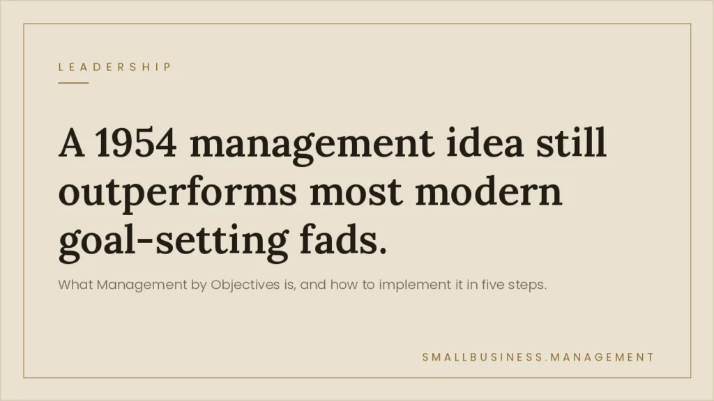Management by Objectives (MBO): How to Implement It in a Small Business - Small Business Management Poster-style beige graphic with the headline: 'A 1954 management idea still outperforms most modern goal-setting fads' and a subheading about implementing Management by Objectives in five steps.