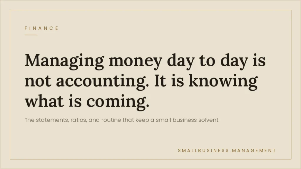 Beige hero with a bold quote about managing money and a small subtitle mentioning statements and ratios for small business solvency.
