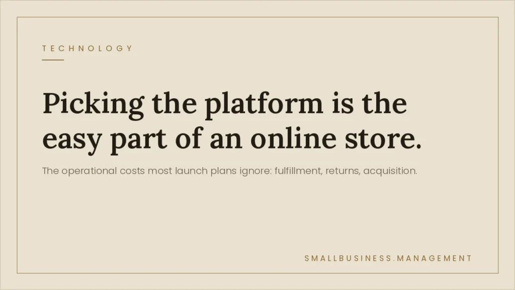 Beige hero banner with the bold headline: 'Picking the platform is the easy part of an online store' and a muted subtitle about costs and fulfillment.
