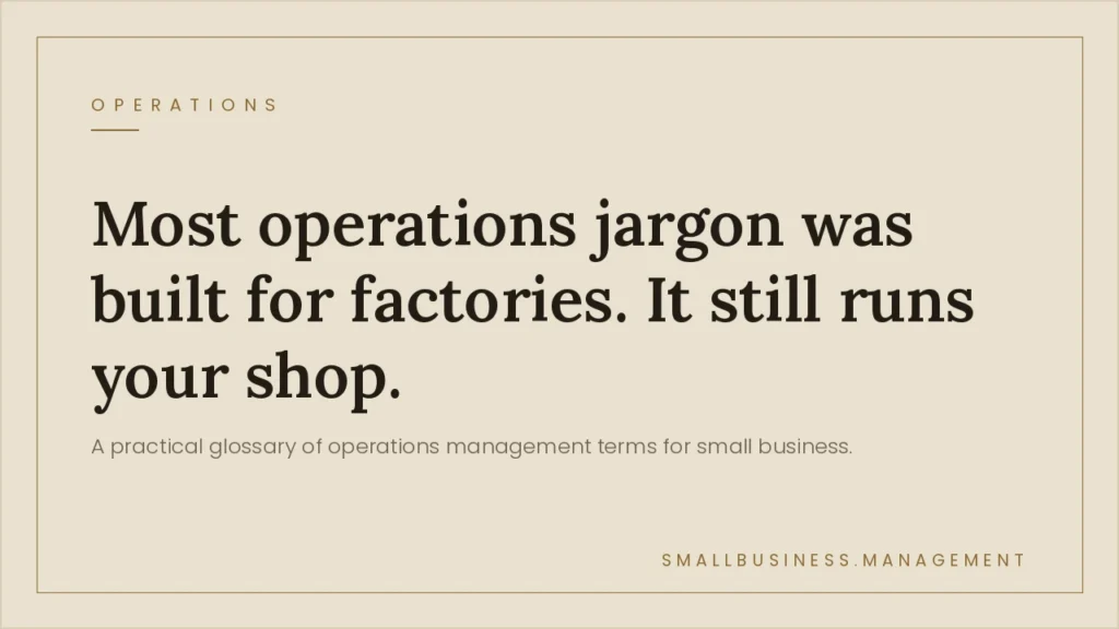 Operations Management Terms: A Practical Glossary for Small Business - Small Business Management Beige framed hero with bold headline: 'Most operations jargon was built for factories. It still runs your shop.' and a smaller subtitle about a practical glossary for small business.