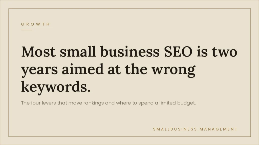 SEO for Small Business: The Resource Allocation Decision Most Owners Get Wrong - Small Business Management Hero banner with beige background: large serif headline reading 'Most small business SEO is two years aimed at the wrong keywords' and a lighter subtitle about the four levers of ranking.