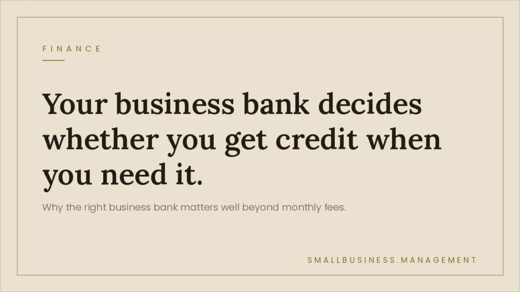 Small Business Banking: Why Your Bank Choice Affects More Than Your Fees - Small Business Management Hero ad for business banking: large serif headline reads 'Your business bank decides whether you get credit when you need it.' on a beige background with FINANCE label top left and small text bottom right.