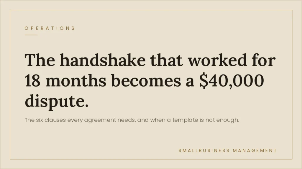 Beige article hero with bold headline: 'The handshake that worked for 18 months becomes a $40,000 dispute,' and a subhead about six clauses.