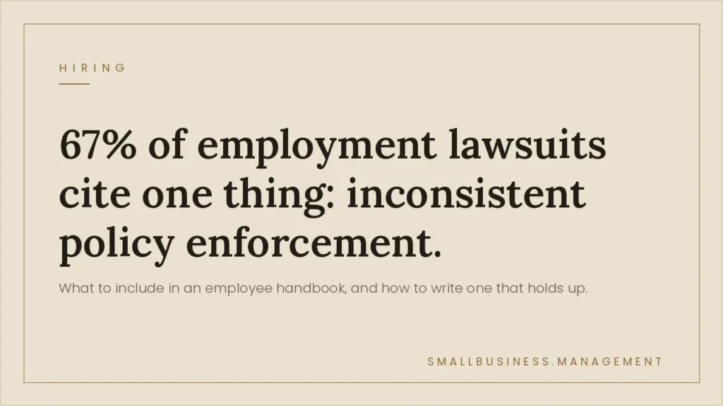 Beige poster with bold headline: '67% of employment lawsuits cite one thing: inconsistent policy enforcement.' Subhead about employee handbooks.