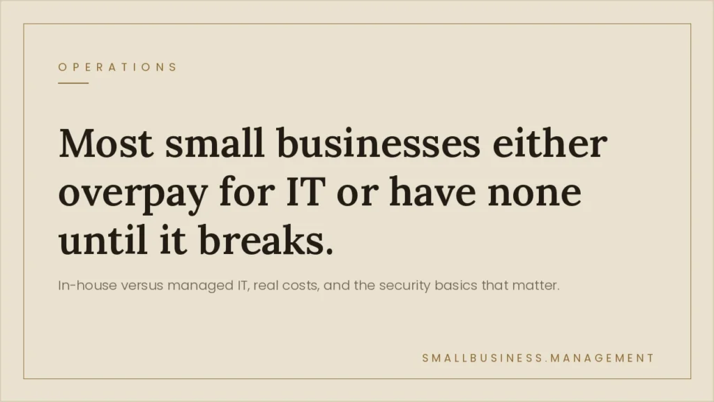 Small Business IT Support: In-House vs. MSP, Costs, and Cybersecurity Basics - Small Business Management Hero banner on beige background with 'OPERATIONS' label; large headline: 'Most small businesses either overpay for IT or have none until it breaks.' Subheadline mentions in-house vs managed IT costs and security basics, bottom-right reads 'smallbusiness.management'.