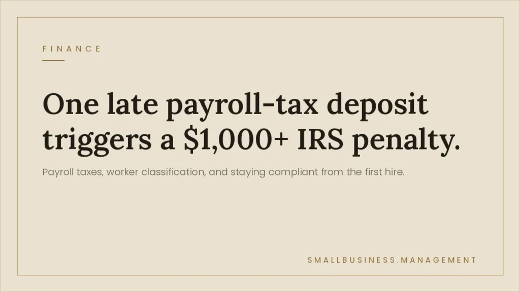 Web hero banner with a finance label top-left and a large beige backdrop showing the headline: 'One late payroll-tax deposit triggers a $1,000+ IRS penalty' and a supporting subhead.