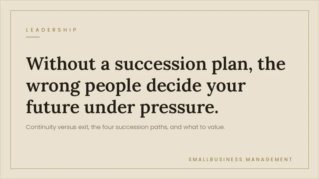 Business Succession Planning for Small Business Owners - Small Business Management Beige poster with a bold serif headline: 'Without a succession plan, the wrong people decide your future under pressure,' plus subhead and a 'Leadership' label at top left.