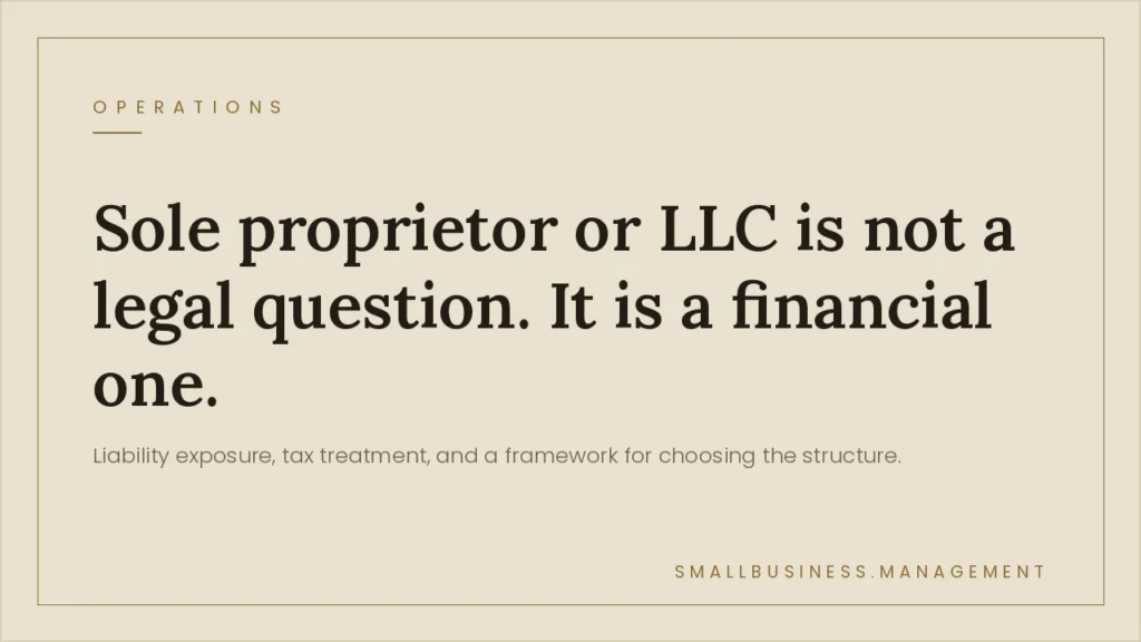 Sole Proprietor vs LLC: The Real Decision Framework for Small Business Owners - Small Business Management Hero banner with bold headline about sole proprietorship vs LLC and a subheading on liability and tax.