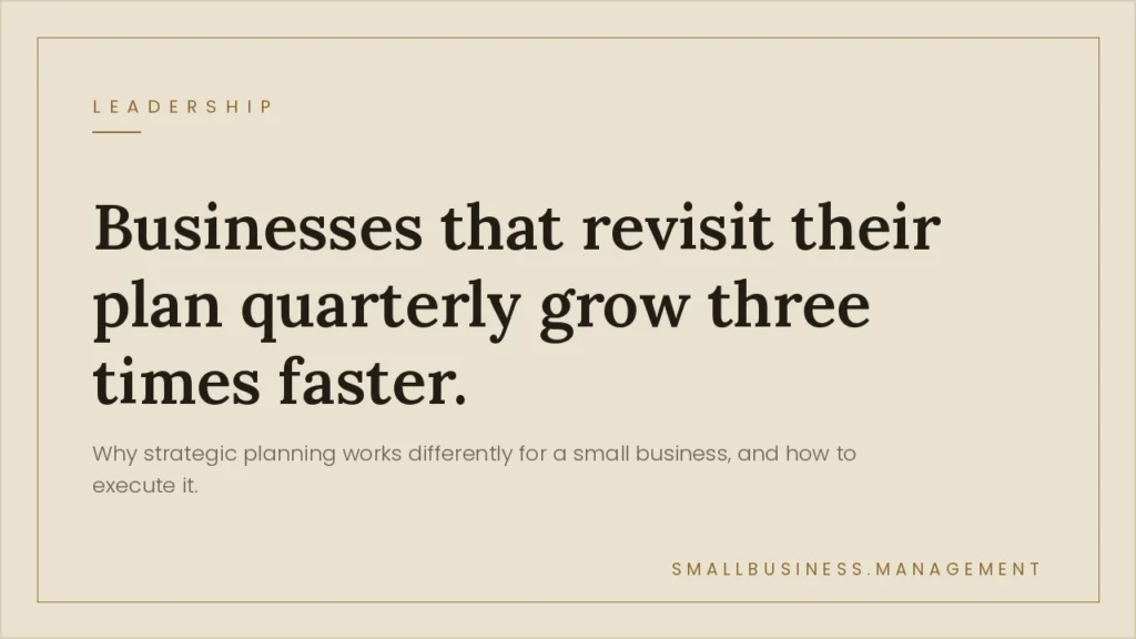 Small Business Management - Small Business Management Beige hero with headline: 'Businesses that revisit their plan quarterly grow three times faster.' and subtitle about strategic planning; Leadership label top-left, smallbusiness.management bottom-right.