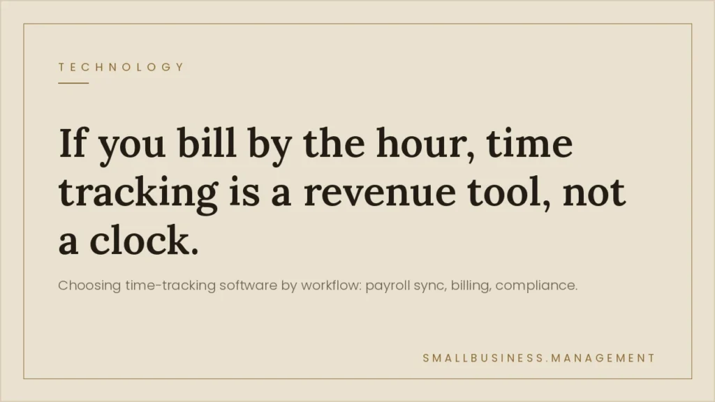 Hero image with a bold serif headline: 'If you bill by the hour, time tracking is a revenue tool, not a clock.' on a beige background with a small subtitle about choosing time-tracking software for small business management at the bottom right.