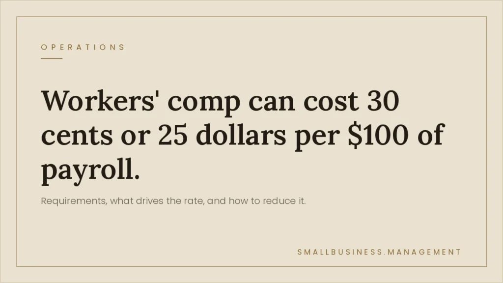 Beige article hero with headline: 'Workers' comp can cost 30 cents or 25 dollars per $100 of payroll' and small 'Operations' label at top left.