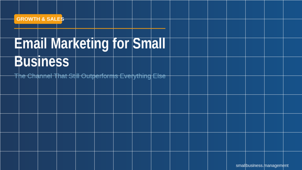 Hero banner with blue grid background, orange 'GROWTH & SALES' badge, large white headline 'Email Marketing for Small Business' and the subtitle 'The Channel That Still Outperforms Everything Else'.