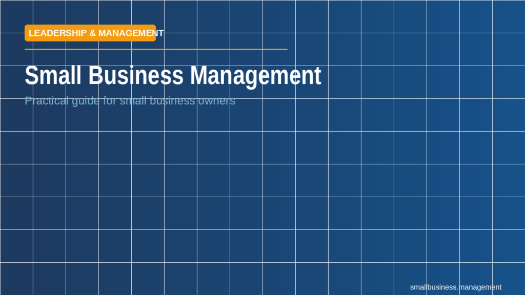 Hero banner for a 'Small Business Management' page with a blue grid background, an orange 'Leadership & Management' tag, and the subtitle 'Practical guide for small business owners'.