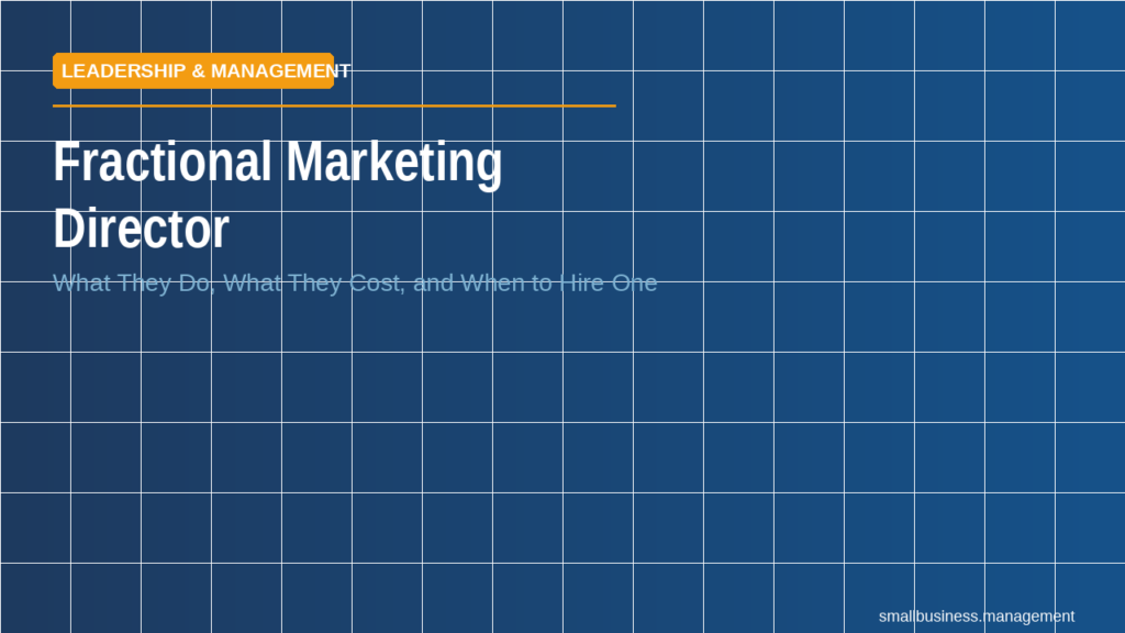 Hero banner: 'Fractional Marketing Director' with subtitle about what they do and when to hire, on a blue grid background with an orange Leadership & Management badge.