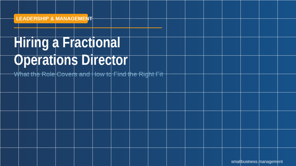 Leadership & Management banner announcing 'Hiring a fractional Operations Director' with subtitle on a blue grid background.