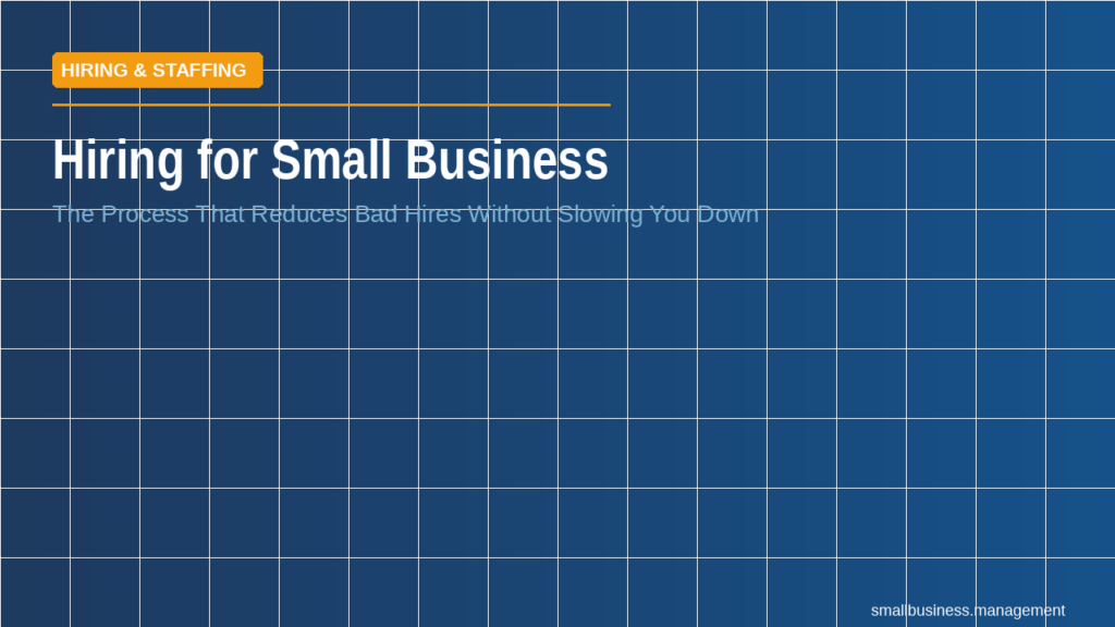 Banner announcing hiring for small business on a blue tiled background with an orange 'HIRING & STAFFING' label and subtitle about reducing bad hires; includes smallbusiness.management URL text in the corner.
