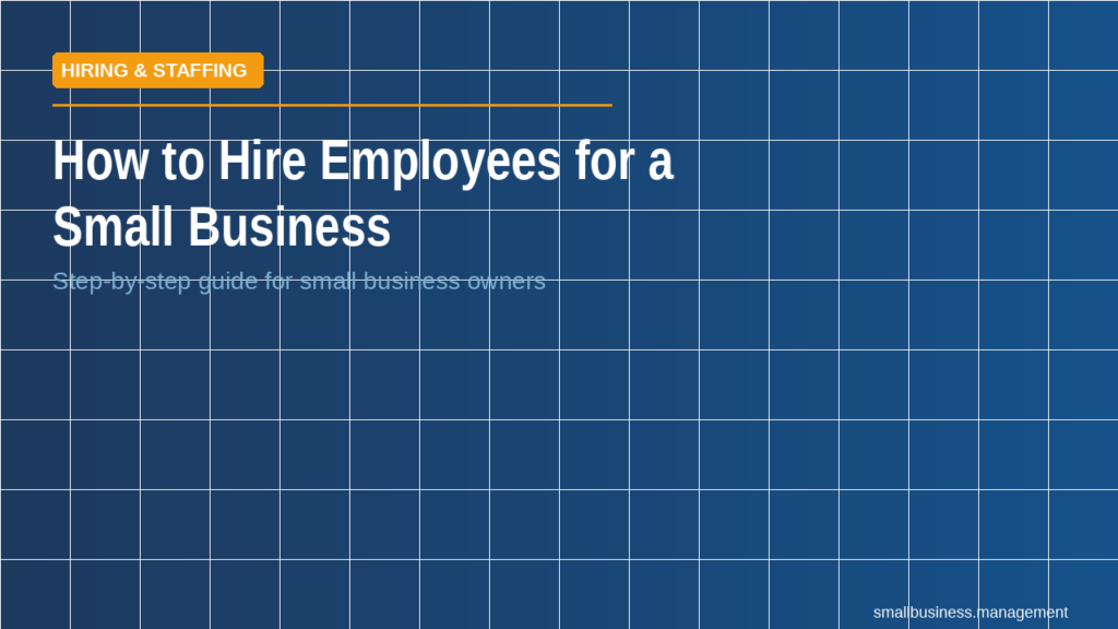 Header for an article: 'How to Hire Employees for a Small Business' on a blue grid background with an orange 'Hiring & Staffing' badge.