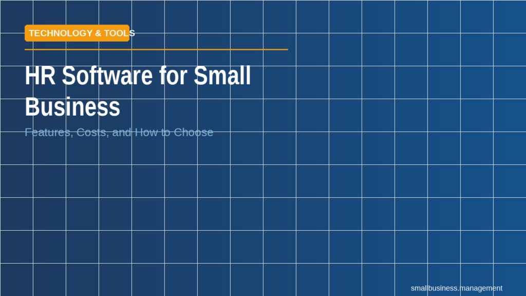 Hero banner for HR software targeting small businesses, with a Technology & Tools tag and subtitle about features and costs.