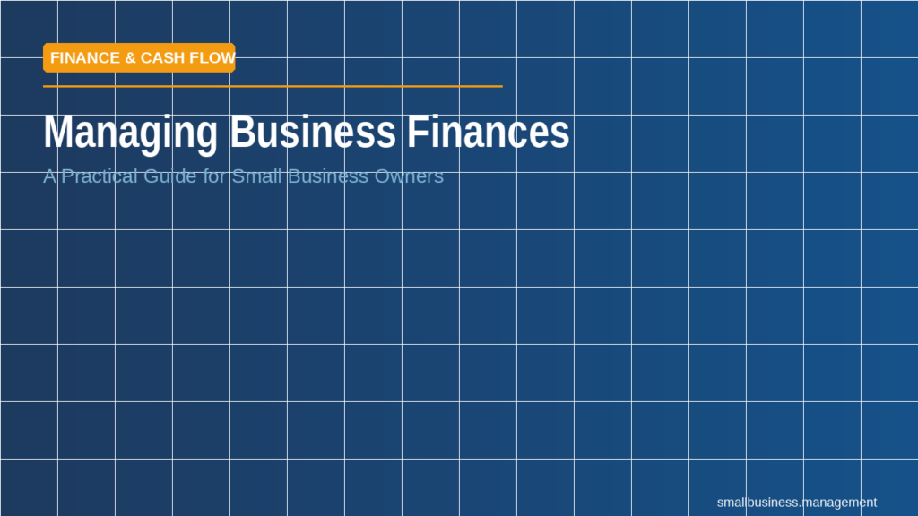 sbm-managing-business-finances - Small Business Management Cover slide: 'Managing Business Finances' with subtitle 'A Practical Guide for Small Business Owners' and an orange 'Finance & Cash Flow' badge on a blue grid background.