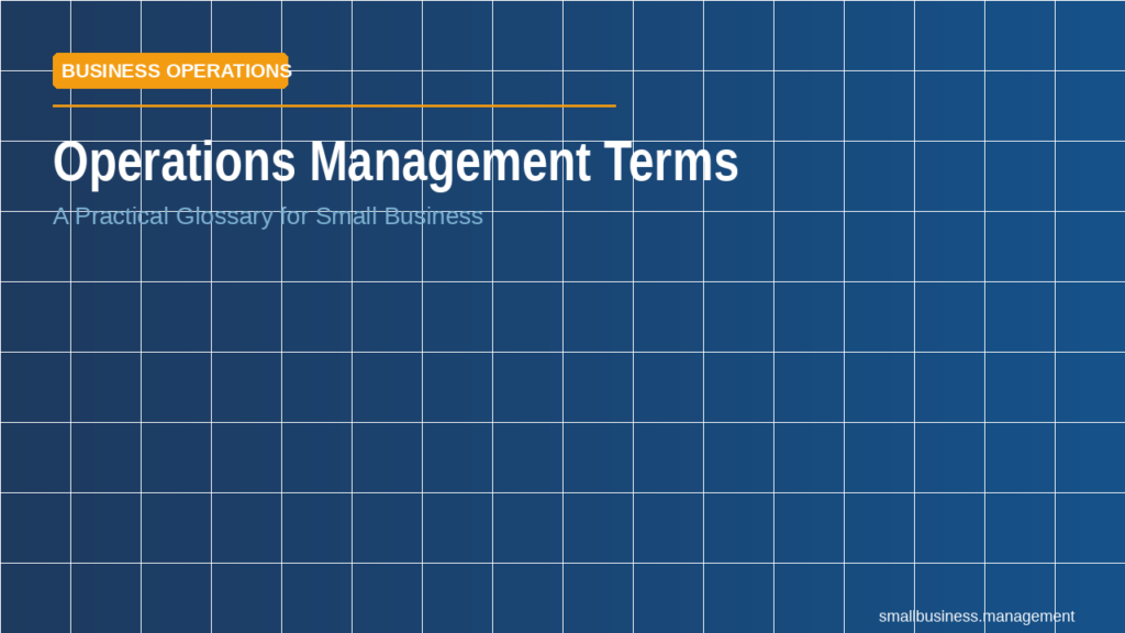 Hero banner: 'Operations Management Terms' on a blue tiled background with an orange 'Business Operations' tag and the subtitle 'A Practical Glossary for Small Business'.