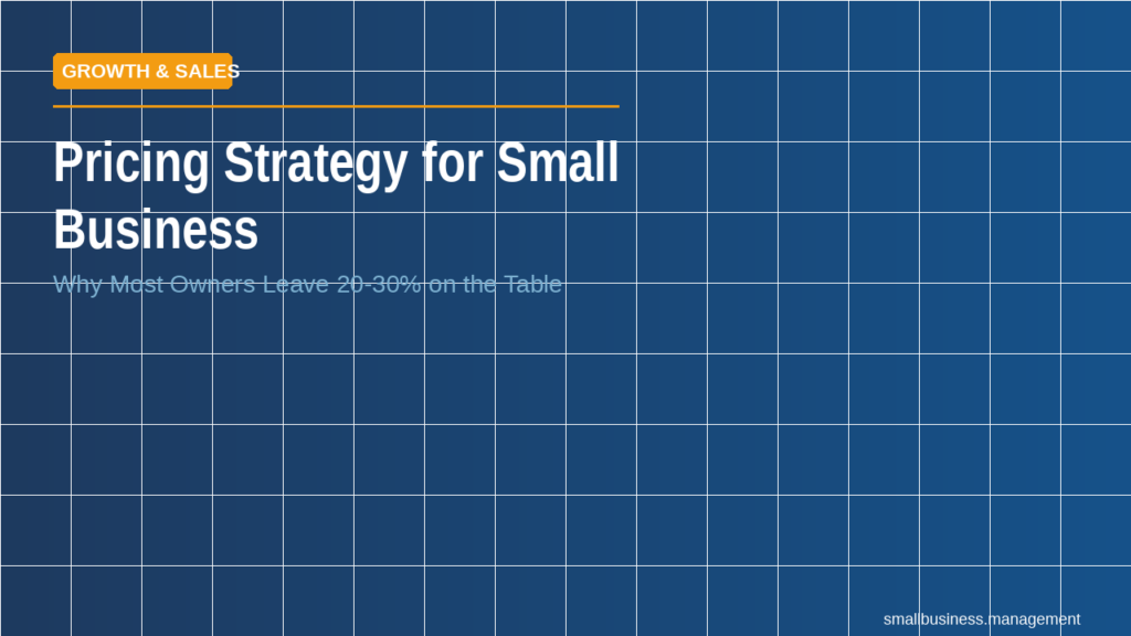sbm-pricing-strategy-small-business - Small Business Management Blue tiled background with a bold title 'Pricing Strategy for Small Business' and subtitle 'Why Most Owners Leave 20-30% on the Table'; orange 'GROWTH & SALES' tag in top-left.