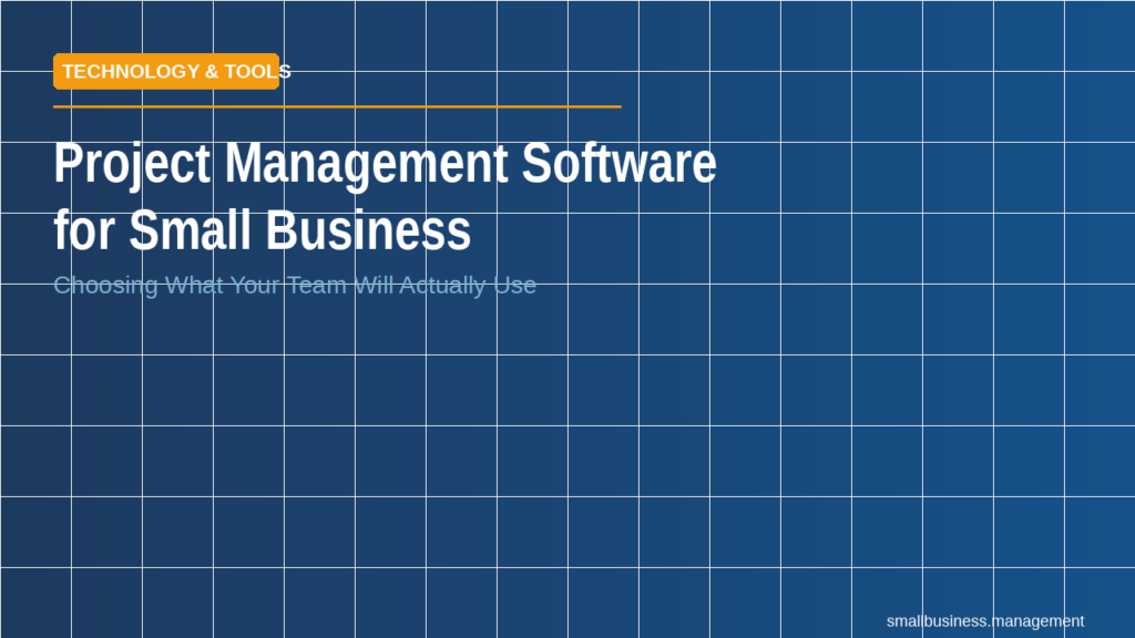 Hero banner advertising Project Management Software for Small Business with subtitle 'Choosing What Your Team Will Actually Use'; orange 'Technology & Tools' label over a blue tiled background.