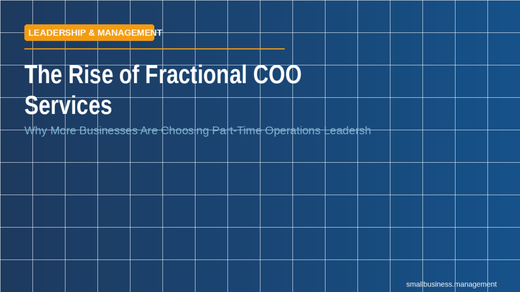 Hero banner with blue tiled background, an orange Leadership & Management badge, and the title 'The Rise of Fractional COO Services' with a subtitle about part-time operations leadership.