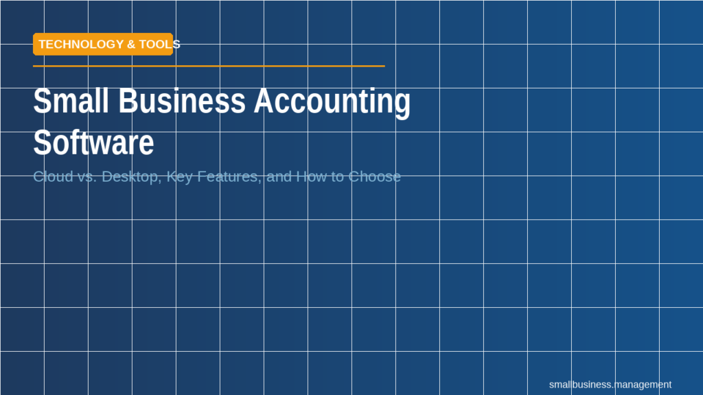 Hero banner for small business accounting software on a blue tiled background with an orange 'Technology & Tools' badge.