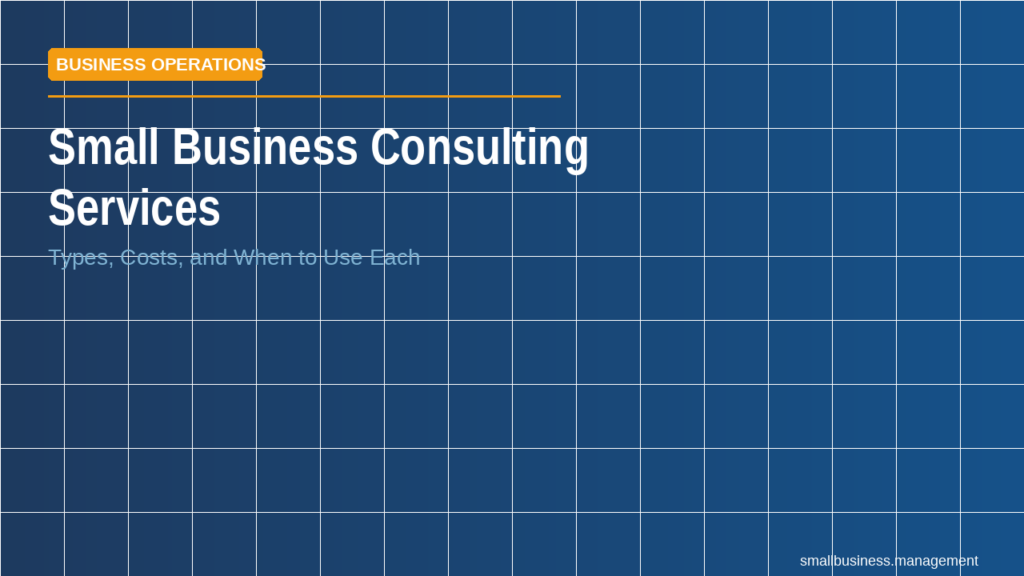 Blue tiled background with bold white headline: 'Small Business Consulting Services' and subheading 'Types, Costs, and When to Use Each', orange 'BUSINESS OPERATIONS' badge above the title.