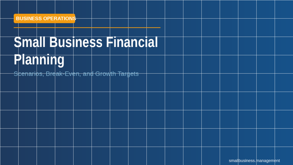 Hero banner for Small Business Financial Planning with a blue grid background and orange 'BUSINESS OPERATIONS' tag; subtitle mentions scenarios, break-even, and growth targets.