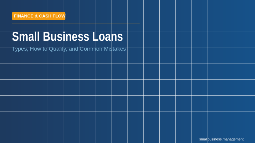 Banner for a 'Small Business Loans' article: blue tiled background, orange 'FINANCE & CASH FLOW' label, and white title with subtitle 'Types, How to Qualify, and Common Mistakes' on the left.