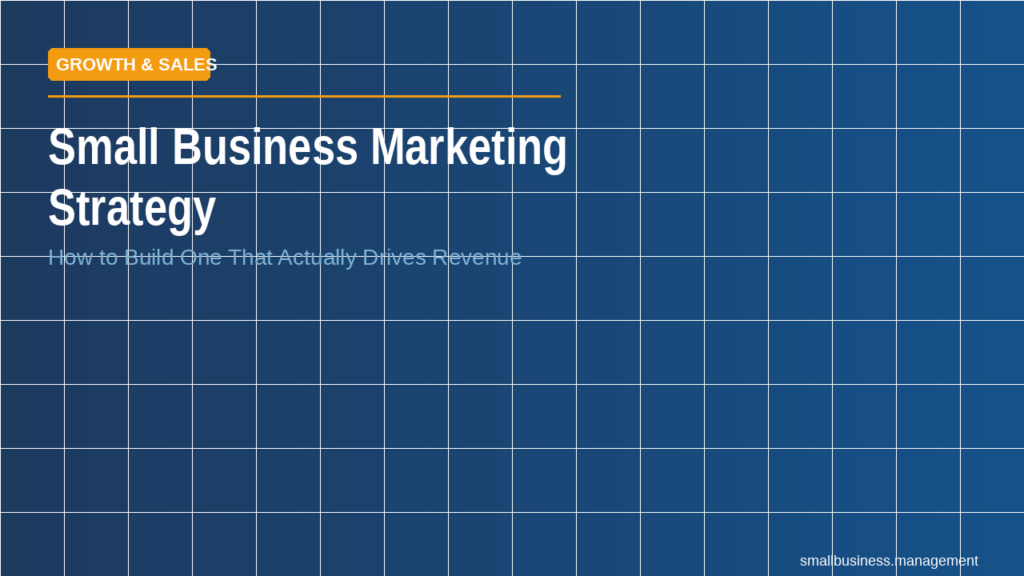 Hero banner for 'Small Business Marketing Strategy' article: blue tiled background, orange 'Growth & Sales' tag, large white title and subtitle about driving revenue.