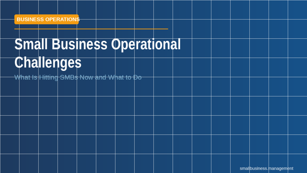 sbm-small-business-operational-challenges-1 - Small Business Management Hero banner for an article: 'Small Business Operational Challenges' with subtitle 'What Is Hitting SMBs Now and What to Do' on a blue tiled background.