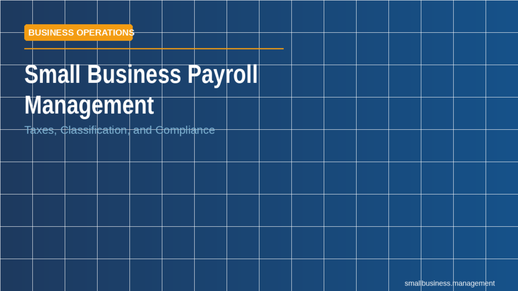 Blue tiled hero banner for Small Business Payroll Management with an orange 'Business Operations' tag and the subtitle 'Taxes, Classification, and Compliance'