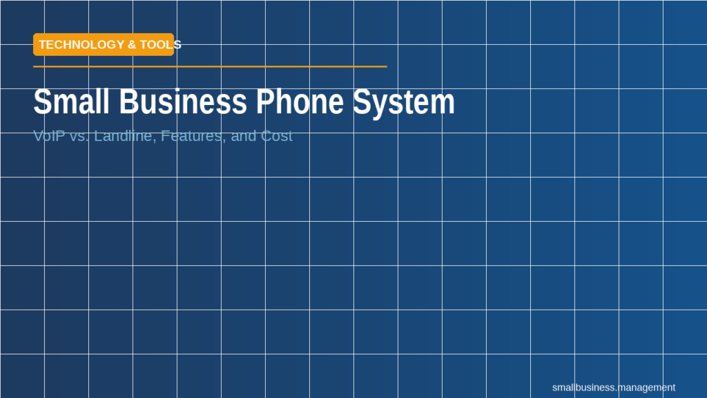 sbm-small-business-phone-system - Small Business Management Blue tiled hero banner with white headline 'Small Business Phone System' and subtitle 'VoIP vs. Landline, Features, and Cost'; orange 'Technology & Tools' badge at top-left.