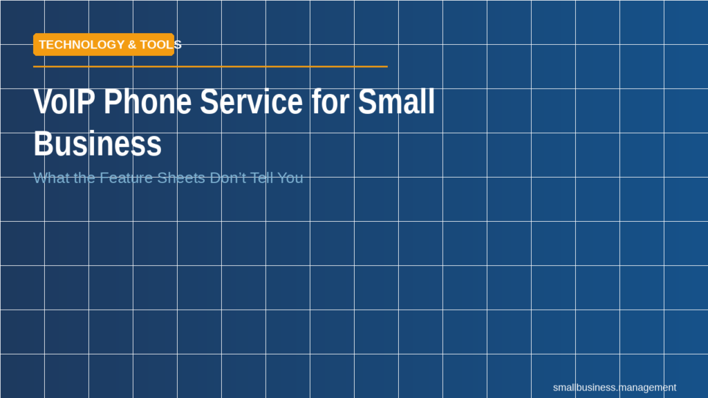 Hero banner advertising VoIP phone service for small business, with blue grid background and orange Technology & Tools badge.